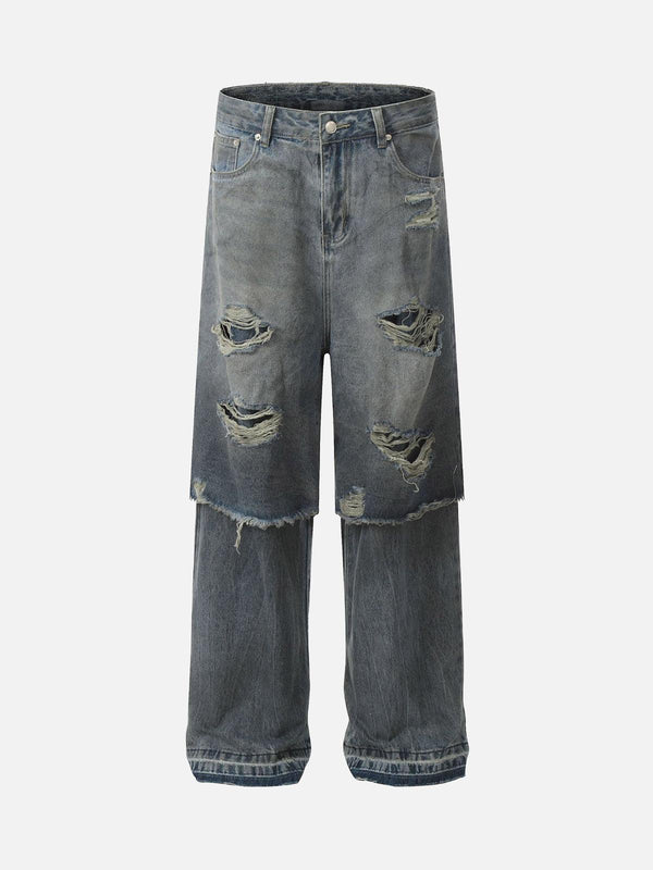 Front view of blue distressed faux two-piece ripped jeans by TALISHKO, perfect for urban style.