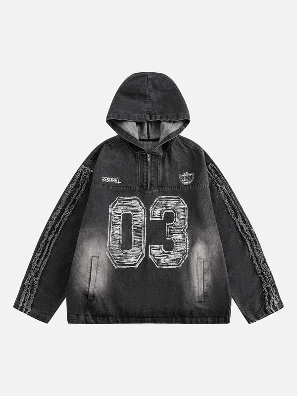 Front view of a black denim hoodie by TALISHKO, featuring a retro distressed design with "03".