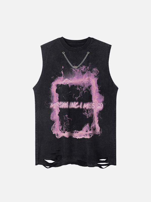 Front view of a black distressed vest featuring a pink smoke print, by TALISHKO.