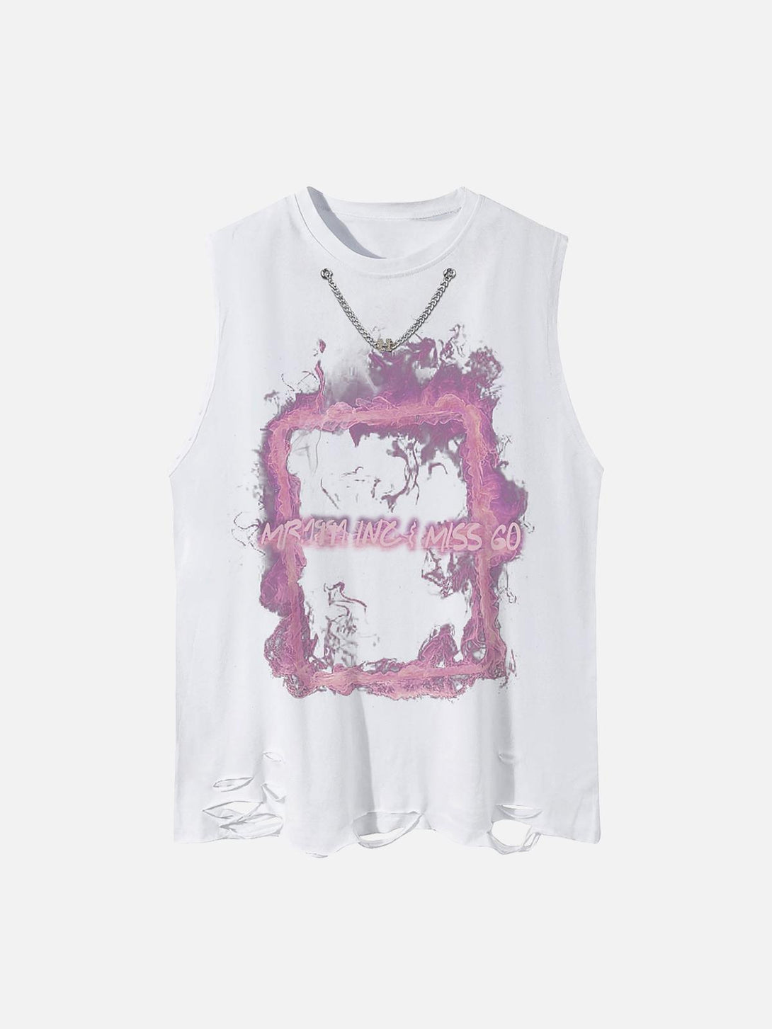 Front view of a white distressed vest with pink smoke design, by TALISHKO.