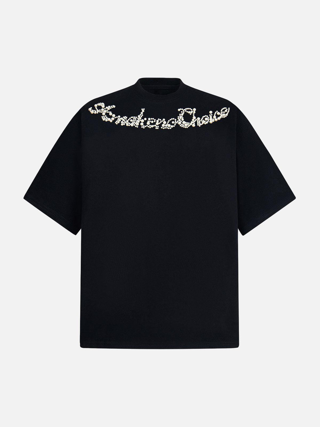 Front view of a black T-shirt by TALISHKO featuring retro embroidery with beaded lettering.
