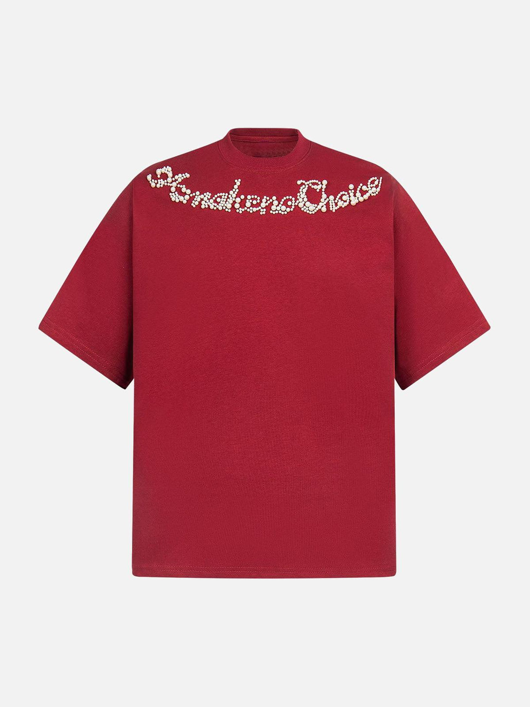 Front view of a red T-shirt by TALISHKO featuring retro embroidery and beaded letter details.