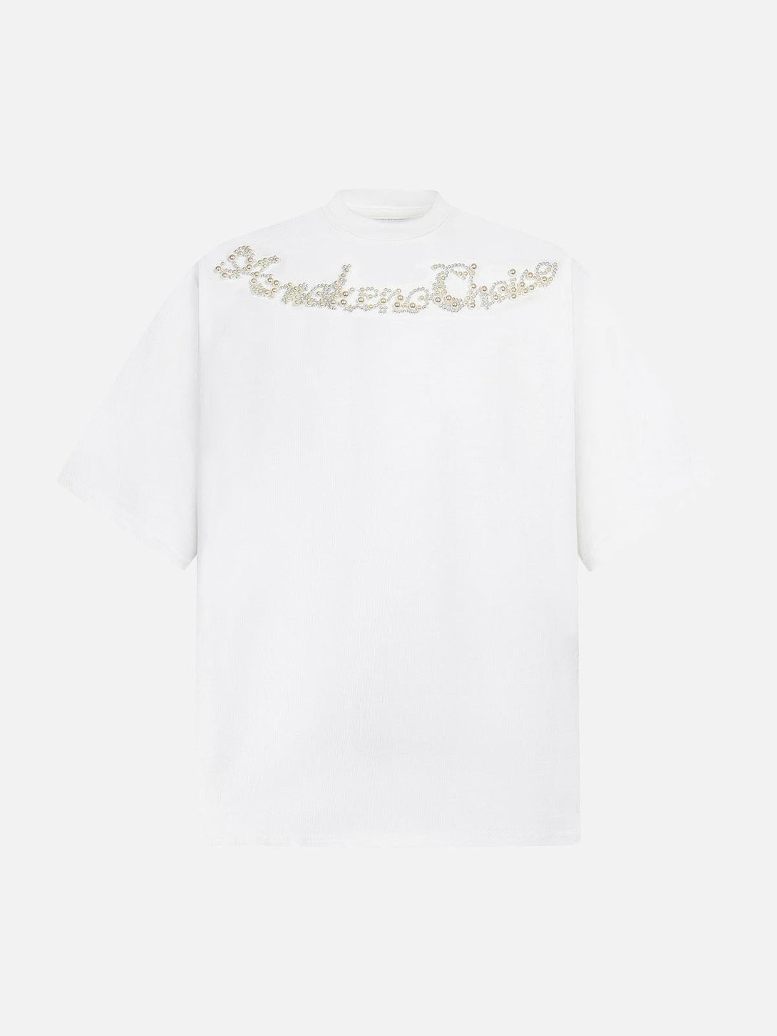 Front view of a white T-shirt by TALISHKO with retro embroidery and beaded lettering.