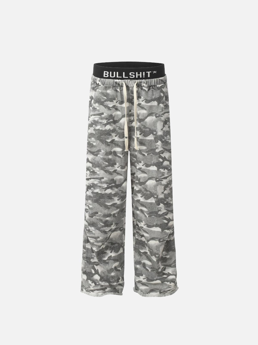 Front view of TALISHKO's camouflage pants with a bold waistband, perfect for urban style.