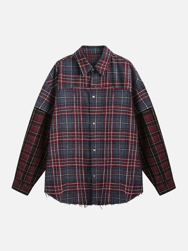 Front view of a burgundy plaid shirt by TALISHKO, featuring a retro faux two-piece design.