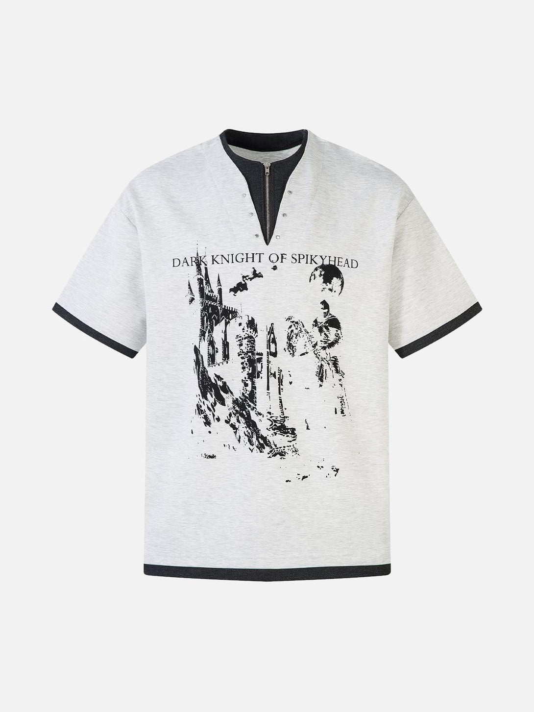 Front view of a white faux two-piece T-shirt by TALISHKO, featuring a striking graphic design.