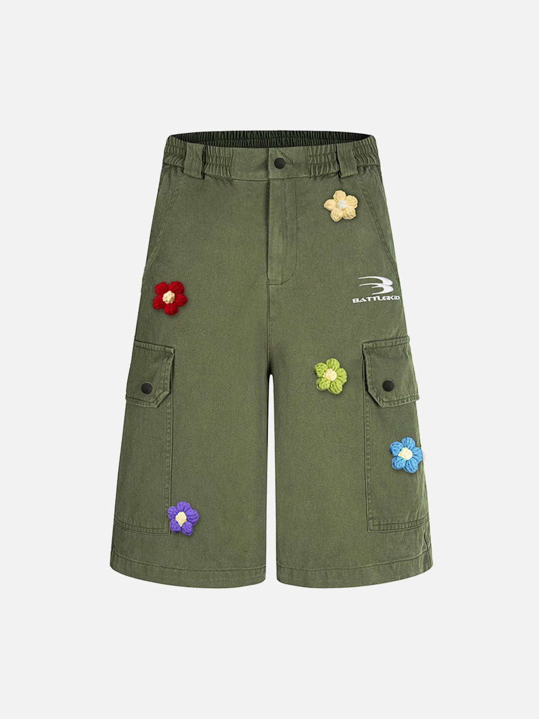 Front view of army green cargo jorts by TALISHKO, adorned with colorful floral embroidery.