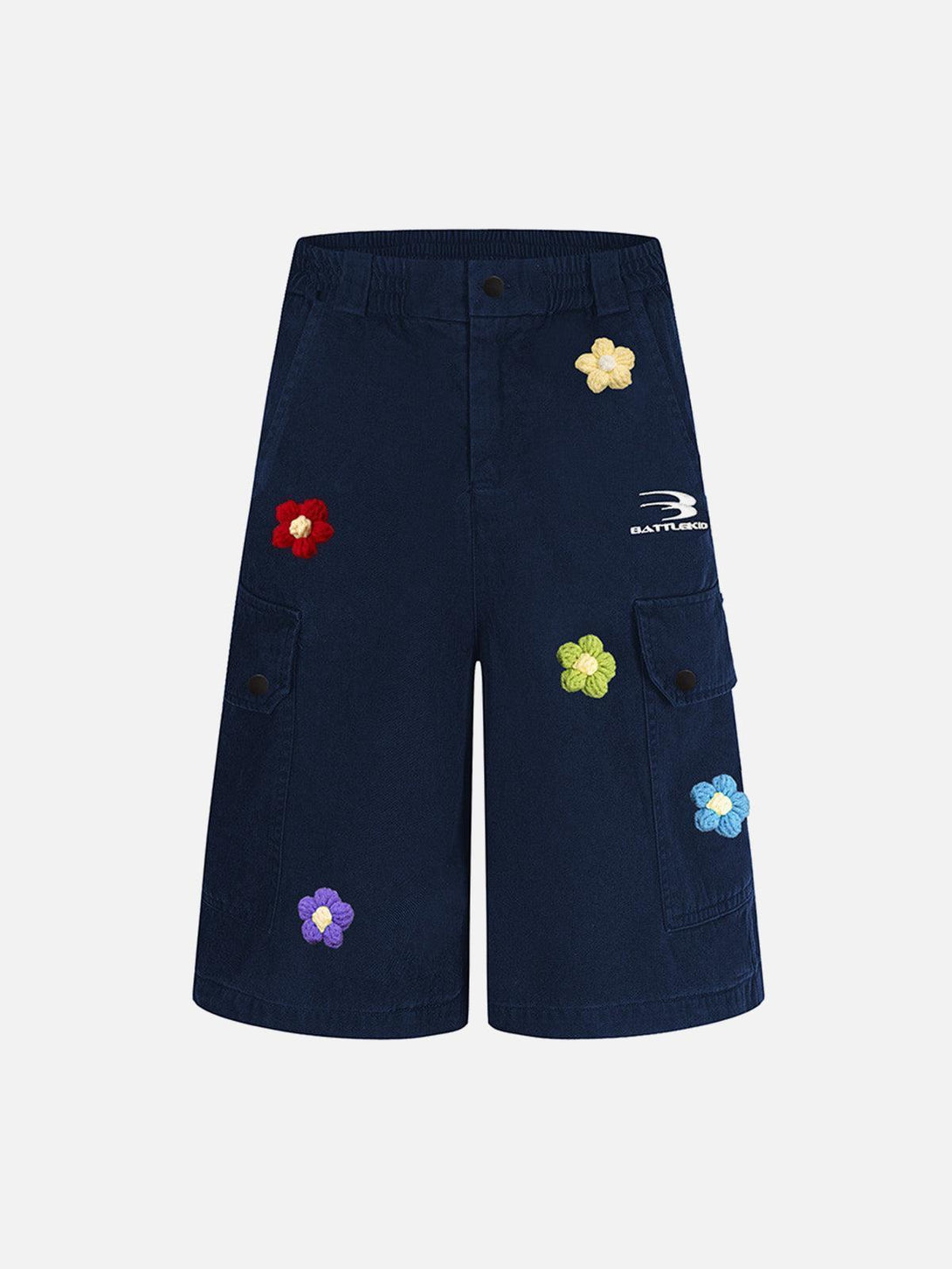 Front view of navy cargo jorts by TALISHKO, featuring retro floral embroidery and multi-pockets.