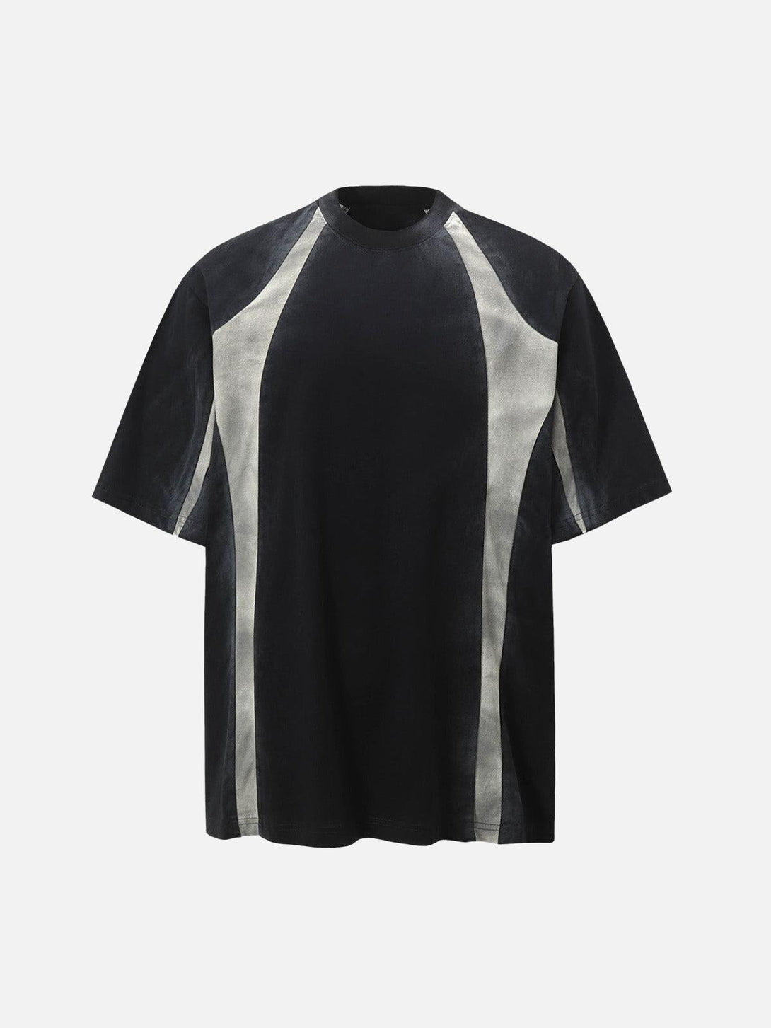 Front view of TALISHKO's black patchwork T-shirt, highlighting a retro-inspired design.
