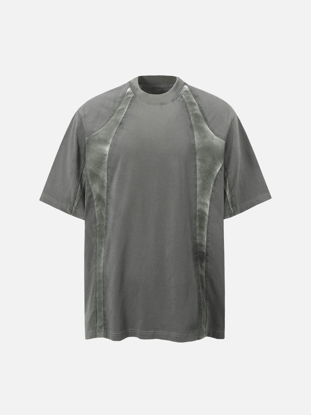Gray patchwork T-shirt by TALISHKO, front view showcasing unique retro design.
