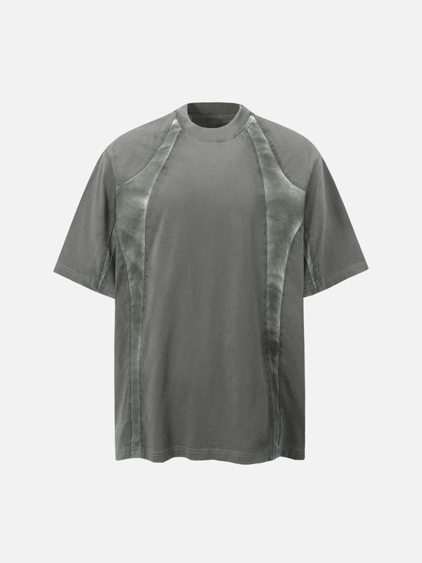 Gray patchwork T-shirt by TALISHKO, front view showcasing unique retro design.