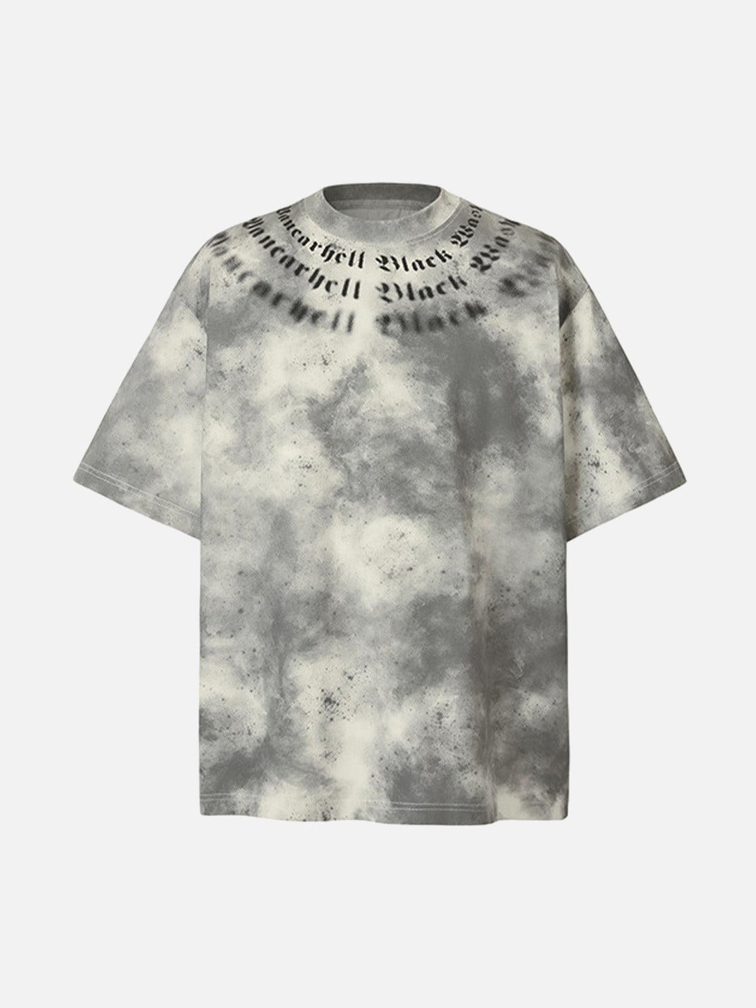 Front view of TALISHKO's apricot retro gradient crew neck shirt with unique text design.