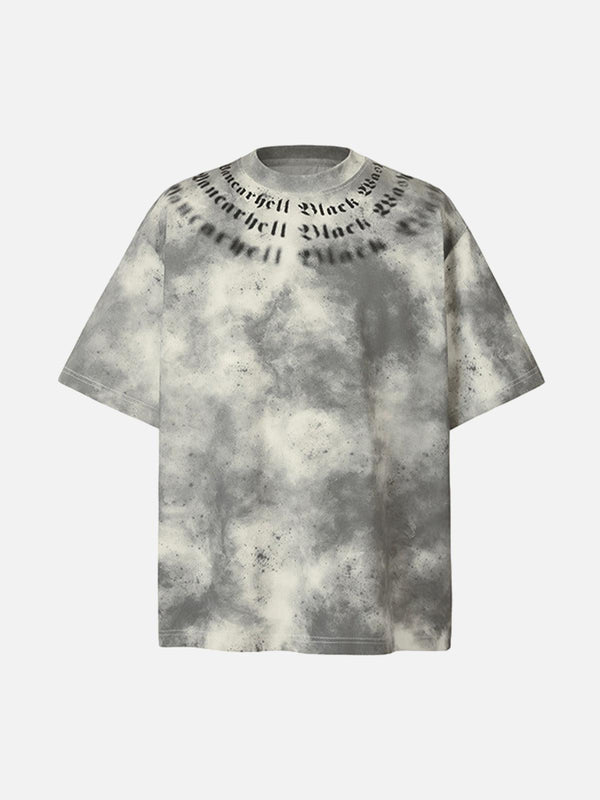 Front view of TALISHKO's apricot retro gradient crew neck shirt with unique text design.