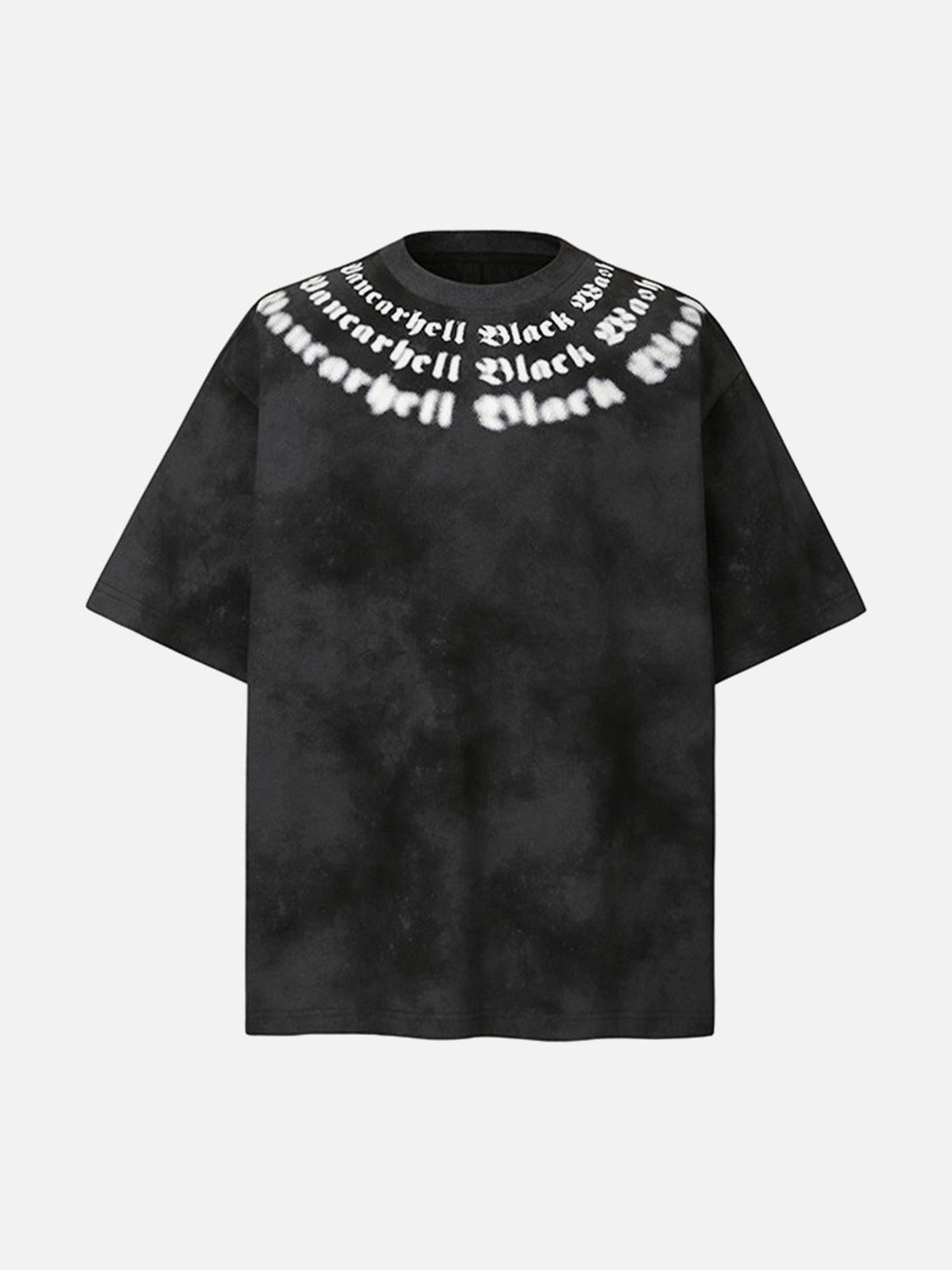 Front view of TALISHKO's black retro gradient crew neck shirt with bold text design.