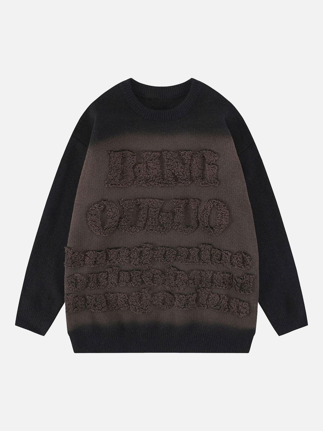 Front view of a TALISHKO black retro gradient crewneck sweater with textured lettering.