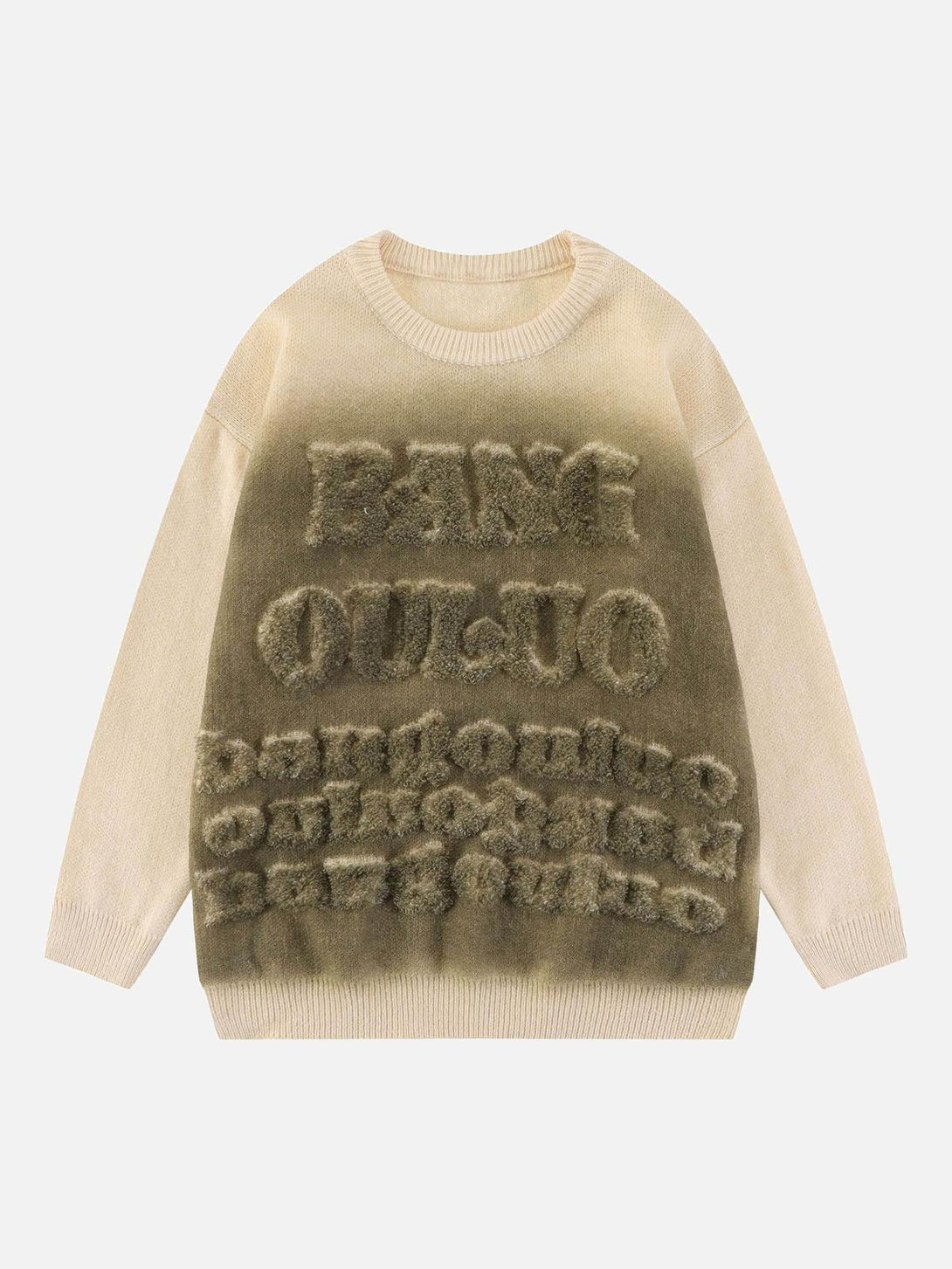 Front view of a TALISHKO retro gradient crewneck sweater in white, featuring textured lettering.