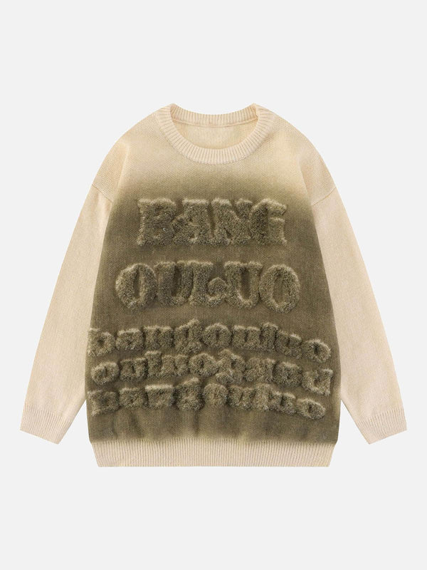 Front view of a TALISHKO retro gradient crewneck sweater in white, featuring textured lettering.