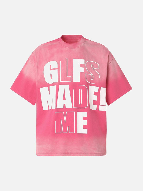 TALISHKO retro gradient graphic T-shirt in vibrant pink, front view, perfect for summer style.