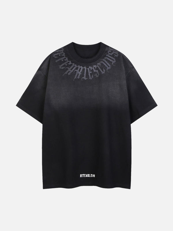 Front view of a black oversized T-shirt by TALISHKO, featuring retro gradient lettering.
