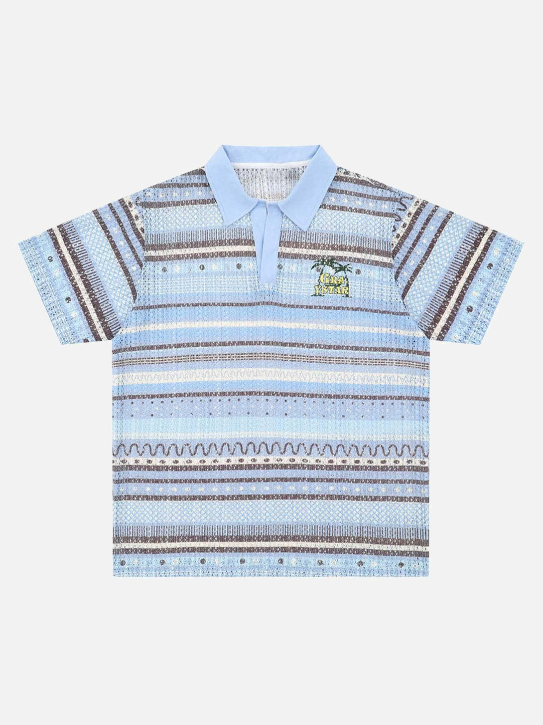 Front view of a blue retro gradient striped polo shirt by TALISHKO, highlighting its unique pattern.