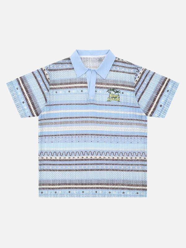Front view of a blue retro gradient striped polo shirt by TALISHKO, highlighting its unique pattern.