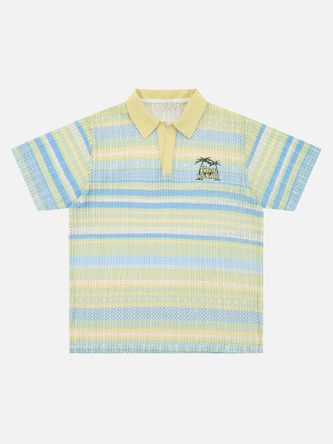 Front view of a yellow retro striped polo shirt by TALISHKO, featuring a gradient pattern.