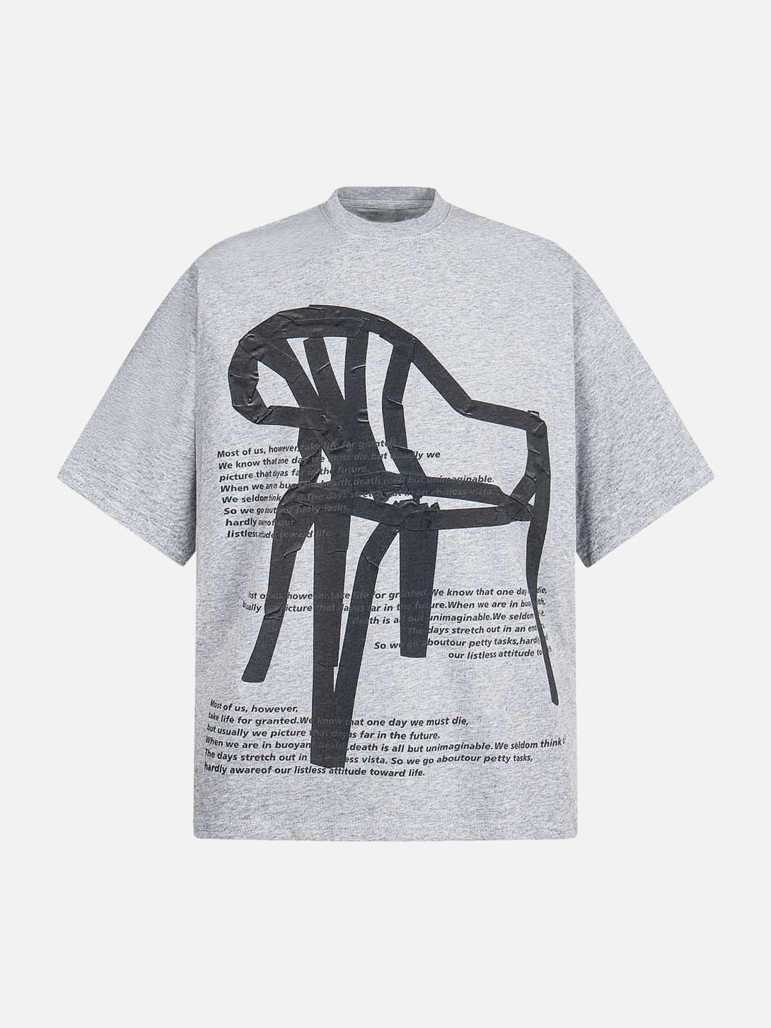 Front view of gray TALISHKO T-shirt featuring retro chair graphic and lettering design.