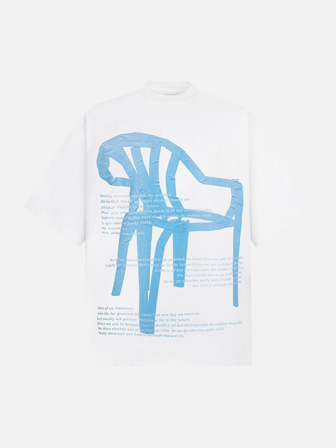 Front view of white TALISHKO T-shirt with blue chair graphic and artistic lettering design.