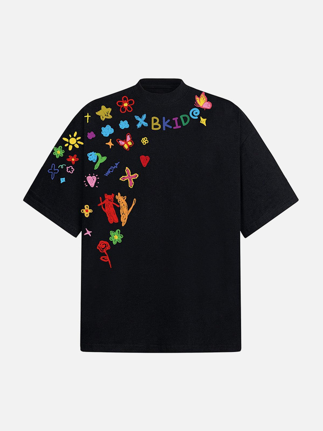 Front view of a black T-shirt by TALISHKO, showcasing vibrant hand-painted graffiti designs.