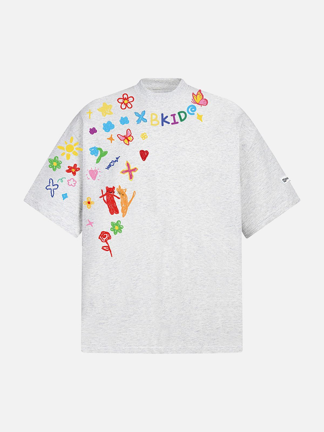 Front view of a gray hand-painted T-shirt by TALISHKO featuring colorful retro graffiti designs.