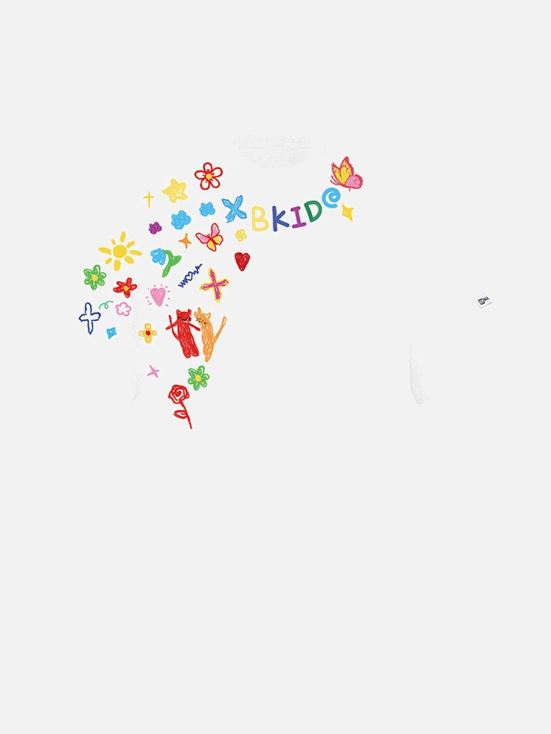Front view of a white T-shirt by TALISHKO with vibrant, colorful hand-painted graffiti designs.