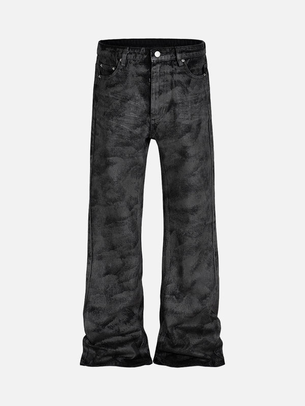 Front view of black retro hand-brushed flare jeans by TALISHKO, featuring a unique textured finish.