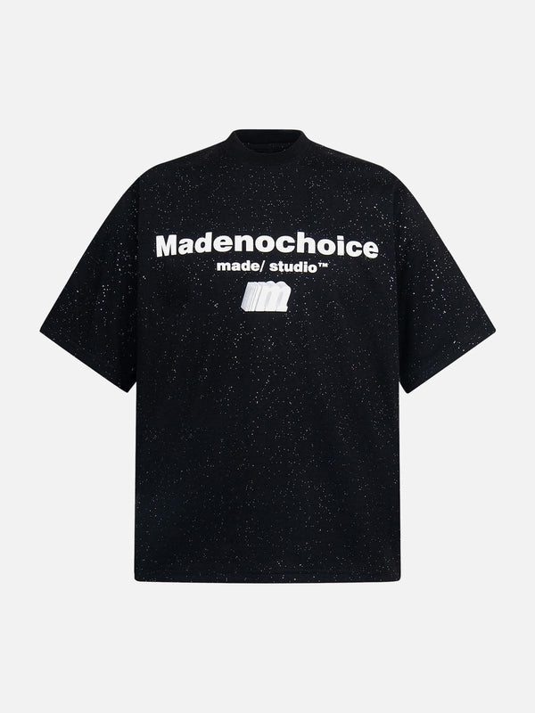 Front view of a black short-sleeved t-shirt by TALISHKO with a starry sky design and bold font.