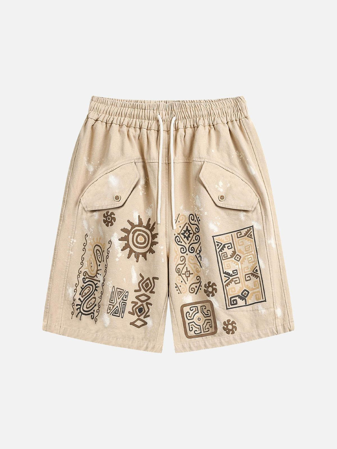 Front view of light brown hip-hop shorts by TALISHKO, adorned with retro hieroglyphic patterns.