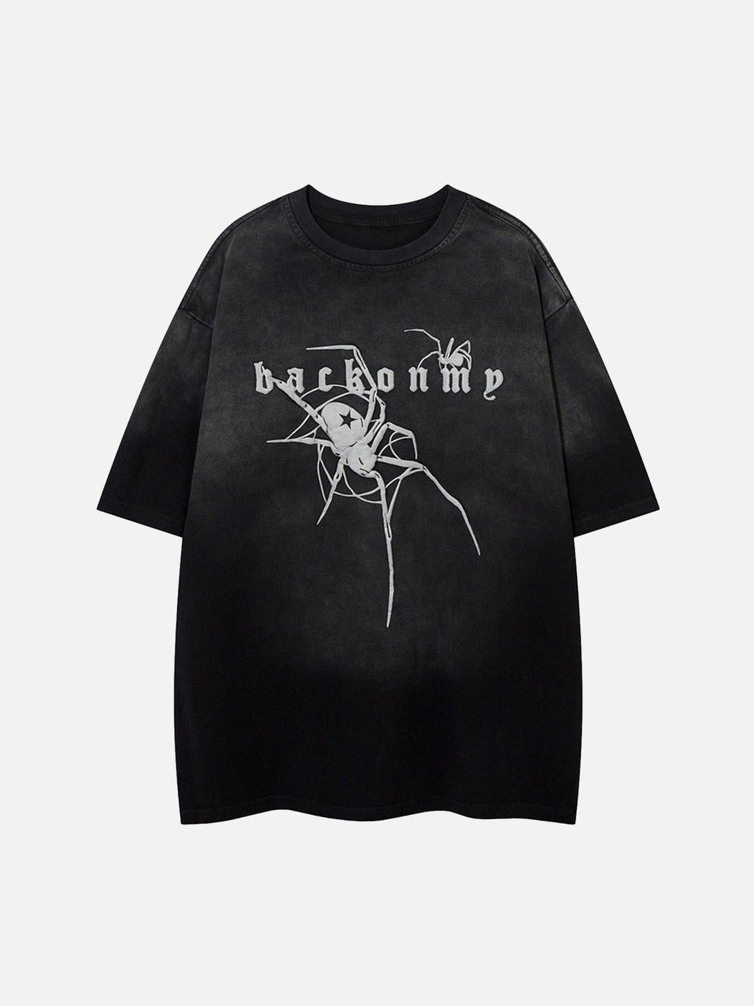 Front view of a black TALISHKO t-shirt with a bold spider design, ideal for a unique look.