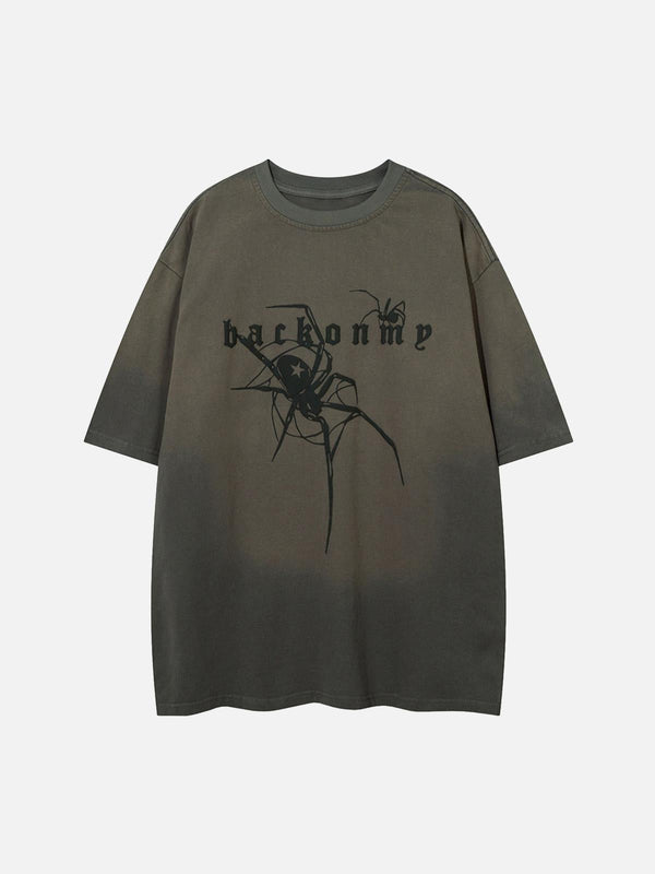 Front view of a gray TALISHKO t-shirt featuring a retro spider pattern, perfect for edgy style.