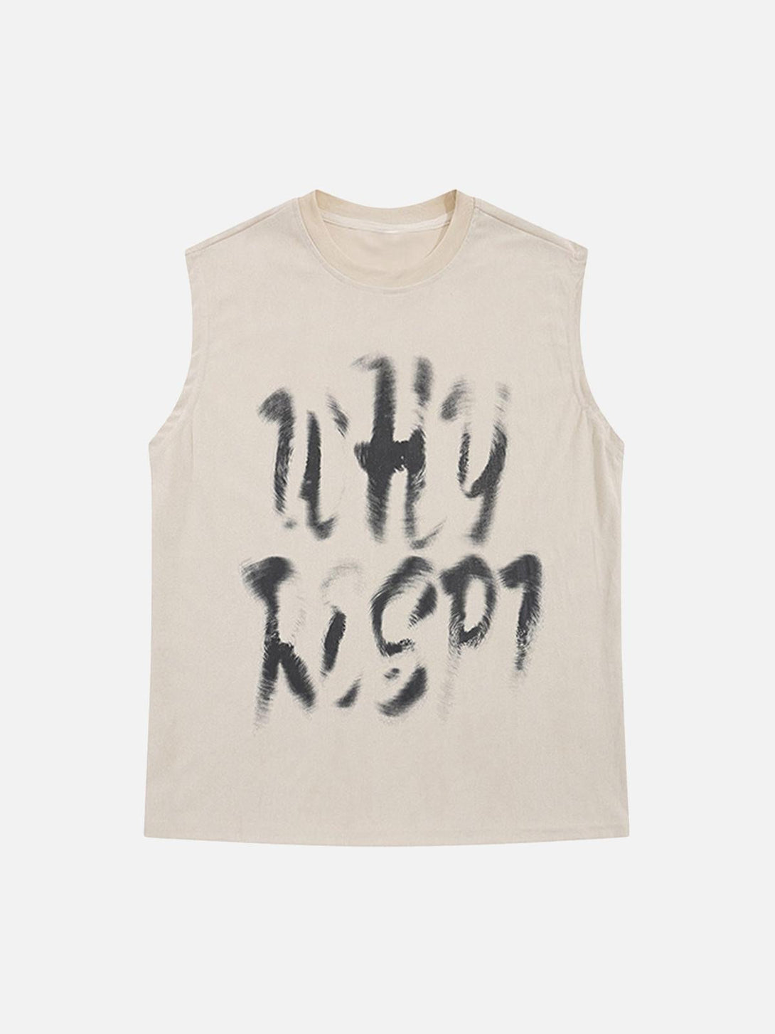 Front view of a beige vest with abstract lettering, a stylish piece by TALISHKO for warm days.