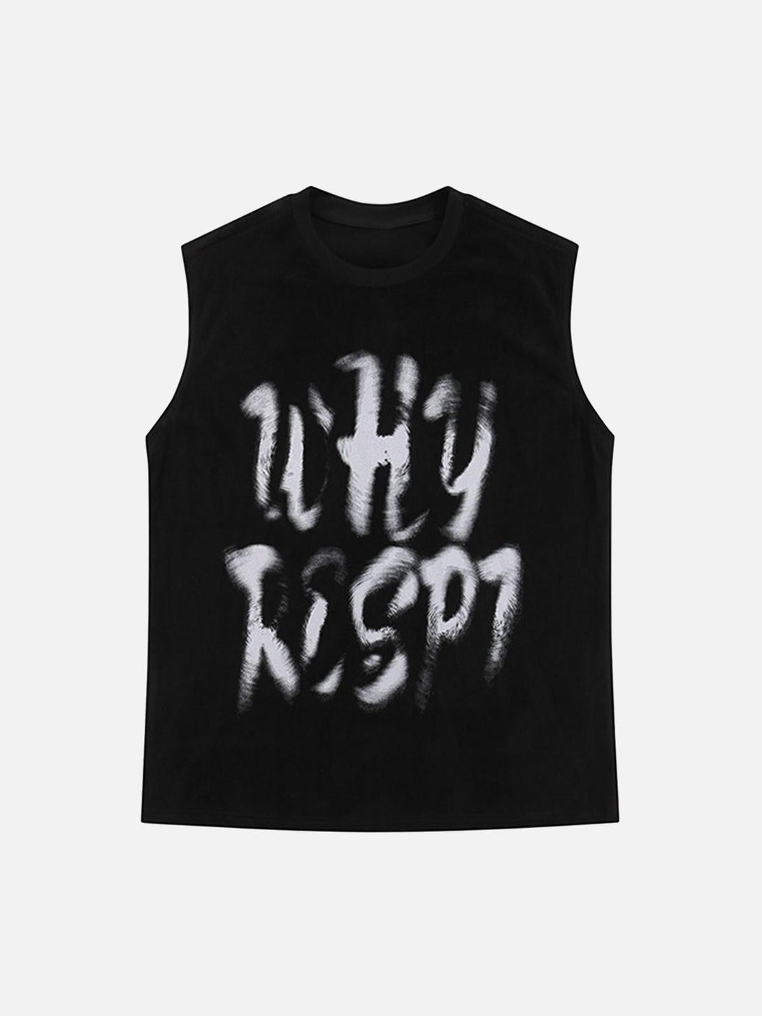 Front view of a black vest featuring abstract white lettering, designed by TALISHKO for a retro hip-hop vibe.
