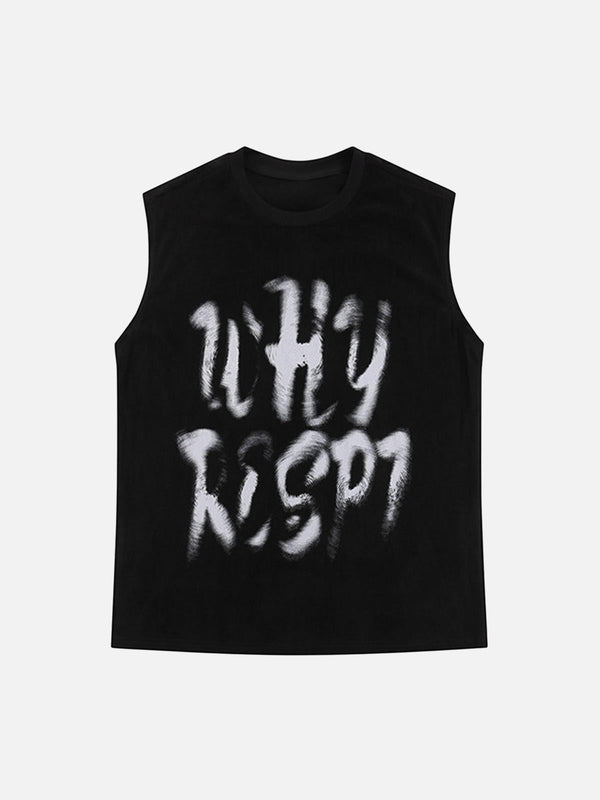 Front view of a black vest featuring abstract white lettering, designed by TALISHKO for a retro hip-hop vibe.