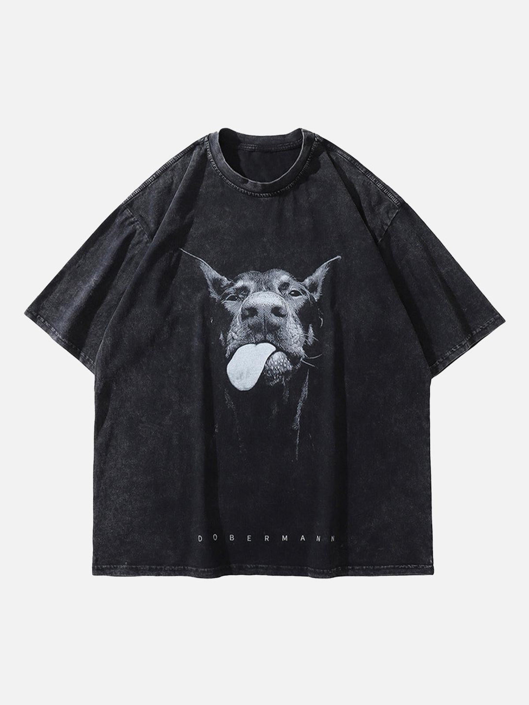 Front view of a black Doberman print T-shirt by TALISHKO, featuring a retro hip-hop design.
