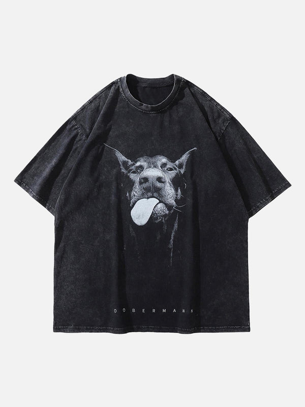 Front view of a black Doberman print T-shirt by TALISHKO, featuring a retro hip-hop design.