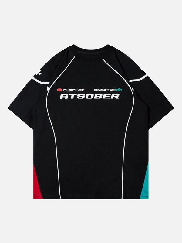 Front view of a black basketball T-shirt by TALISHKO with retro hip-hop design accents.