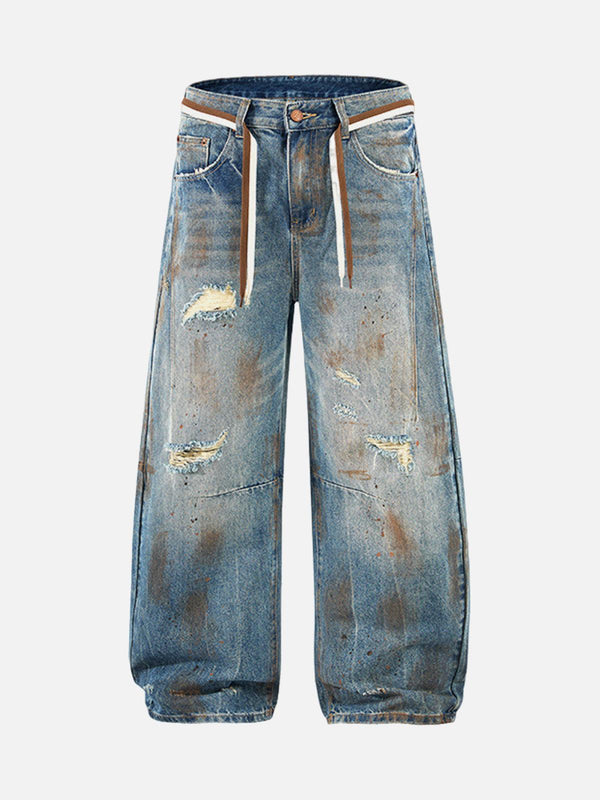 Front view of TALISHKO blue retro ink-splashed ripped jeans, ideal for urban style.