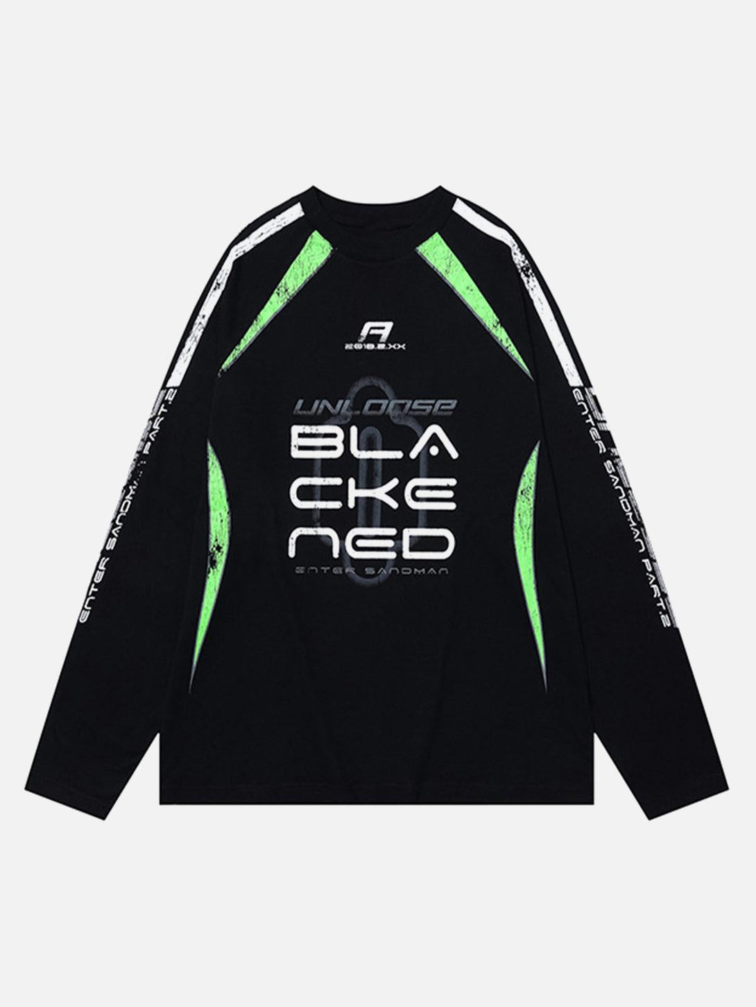 Front view of black oversized long sleeves T-shirt by TALISHKO, featuring a retro-inspired design.