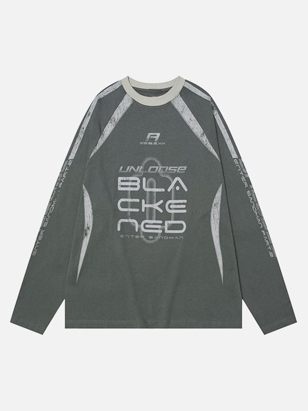 Front view of khaki oversized long sleeves T-shirt by TALISHKO, featuring a retro jersey design.