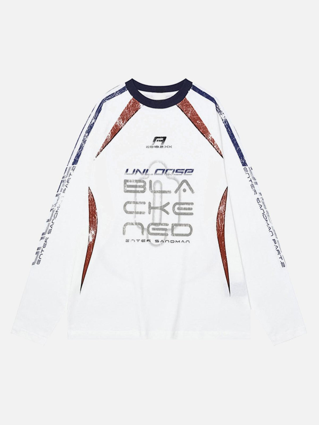 Front view of white oversized long sleeves T-shirt by TALISHKO, showcasing a retro jersey style.