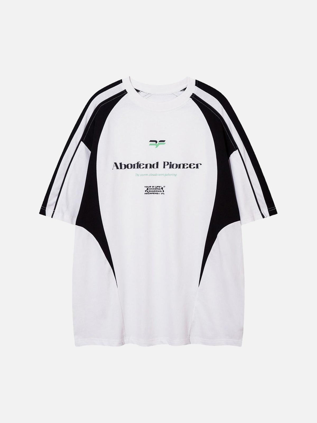 Front view of a white retro jersey short-sleeve T-shirt by TALISHKO with bold black accents.