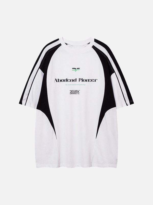 Front view of a white retro jersey short-sleeve T-shirt by TALISHKO with bold black accents.
