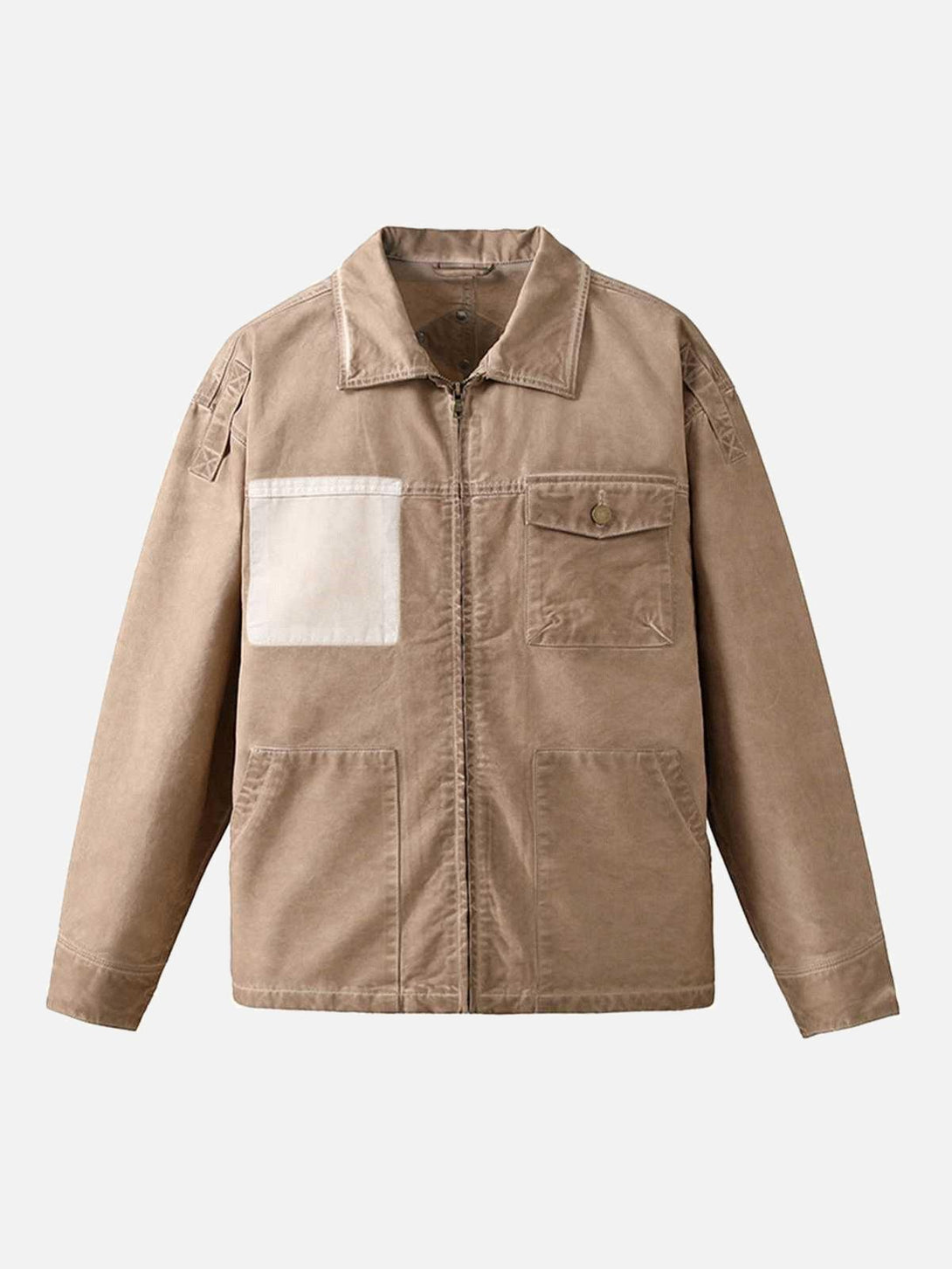 Front view of a light brown retro zip-up work jacket by TALISHKO, featuring a lapel collar.