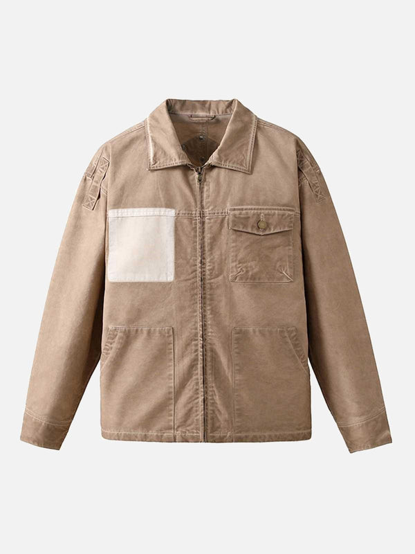 Front view of a light brown retro zip-up work jacket by TALISHKO, featuring a lapel collar.